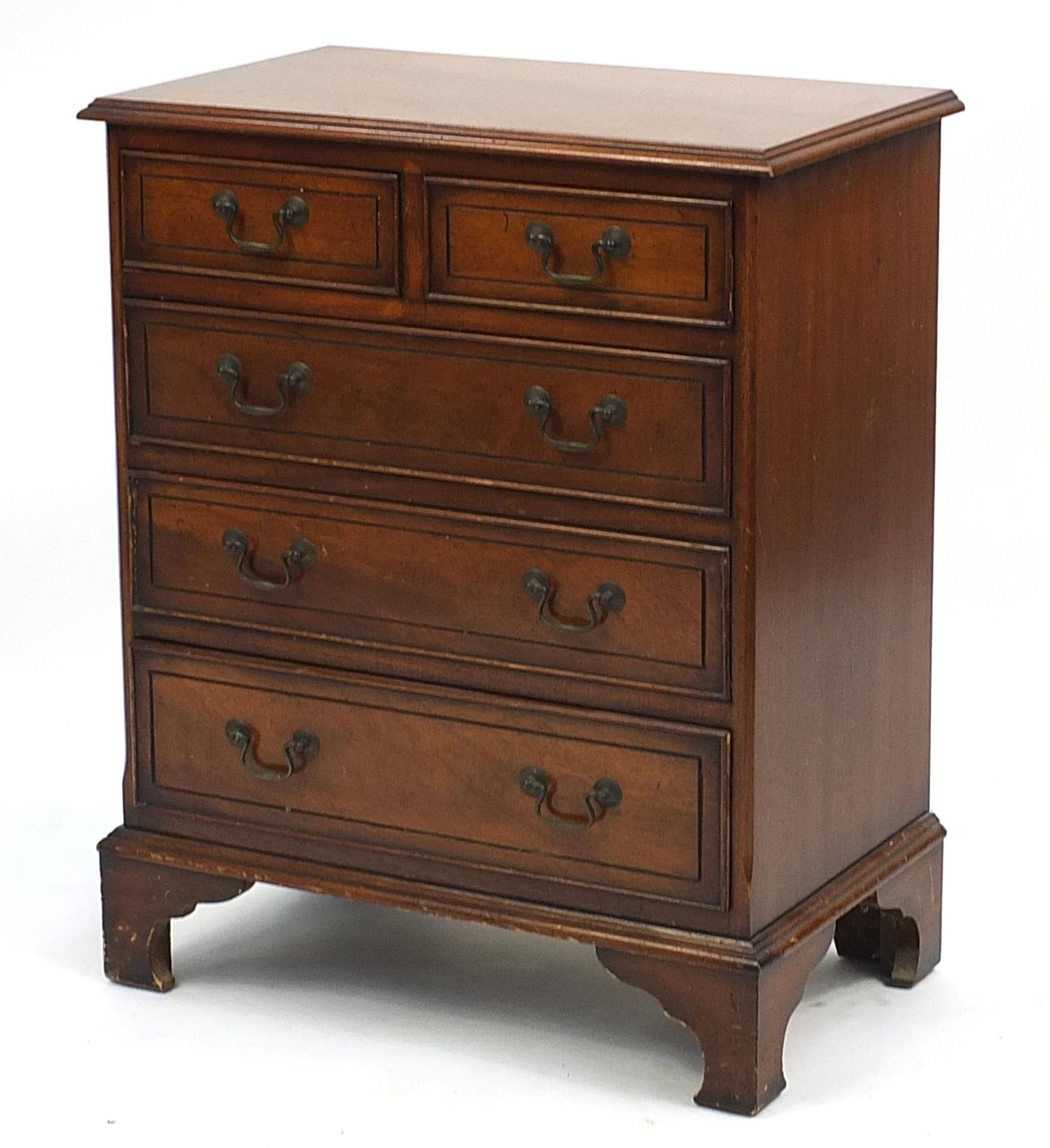 Cross banded walnut five drawer chest with bracket feet, 77cm H x 63cm W x 38cm D