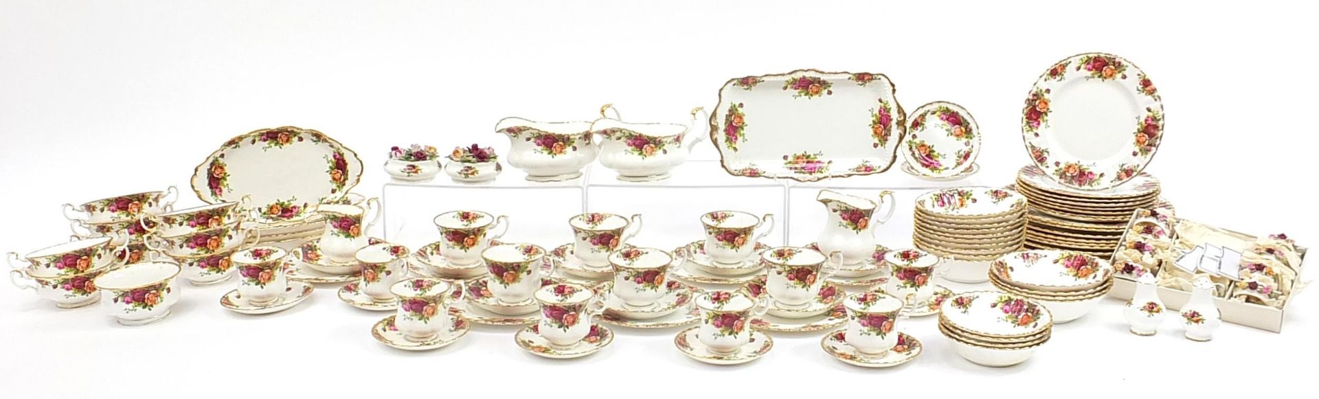 Royal Albert Old Country Roses dinner and teaware including dinner plates, soup cups and trios,