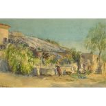 M Bantandini 1907 - Village scene with figures, Middle Eastern watercolour, mounted, framed and