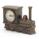 Patinated bronze mantle clock in the form of a locomotive, 16cm in length