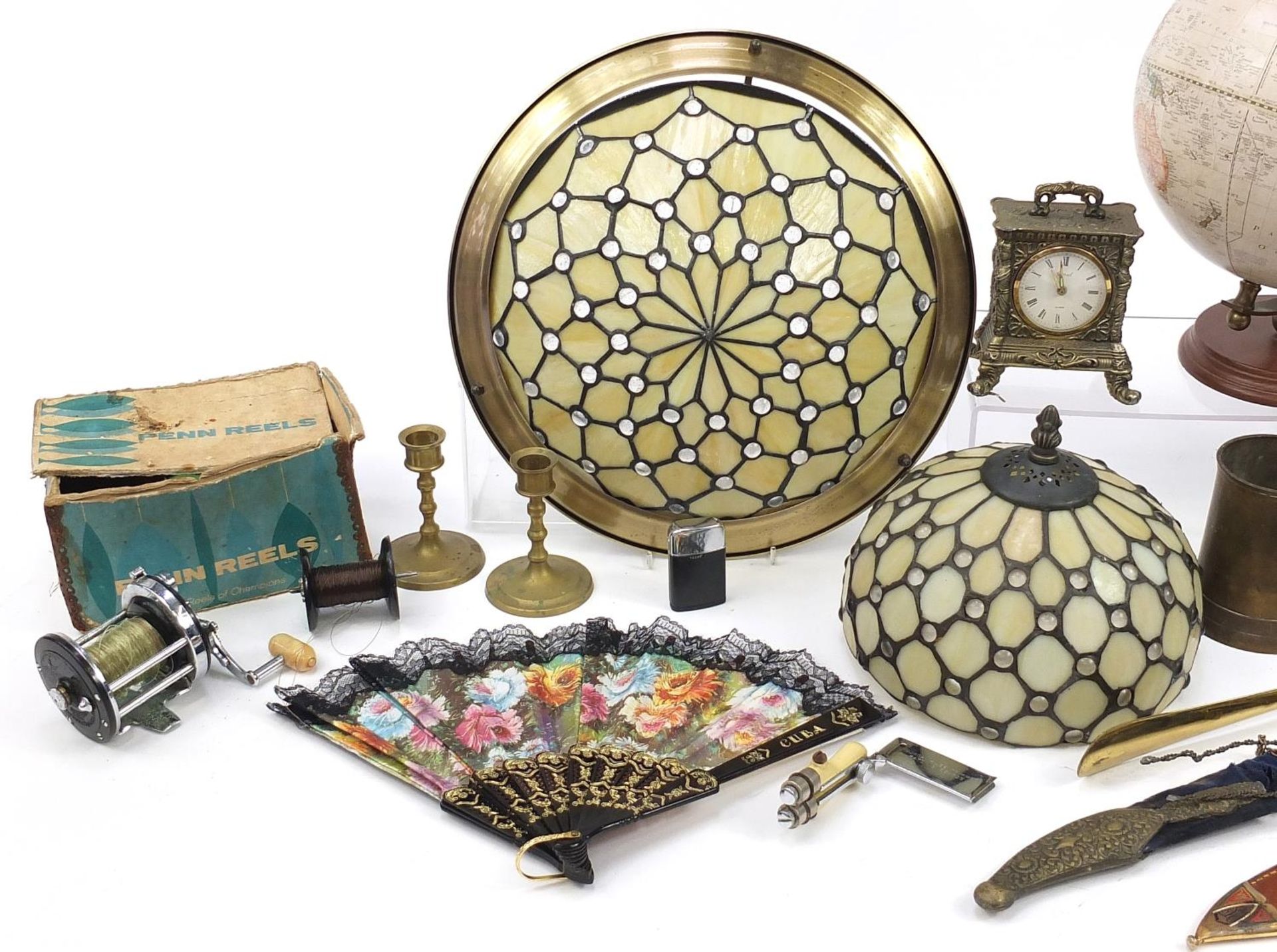 Sundry items including George F Cram Classic Globe, Tiffany design lampshades, hunting knives and - Image 2 of 3