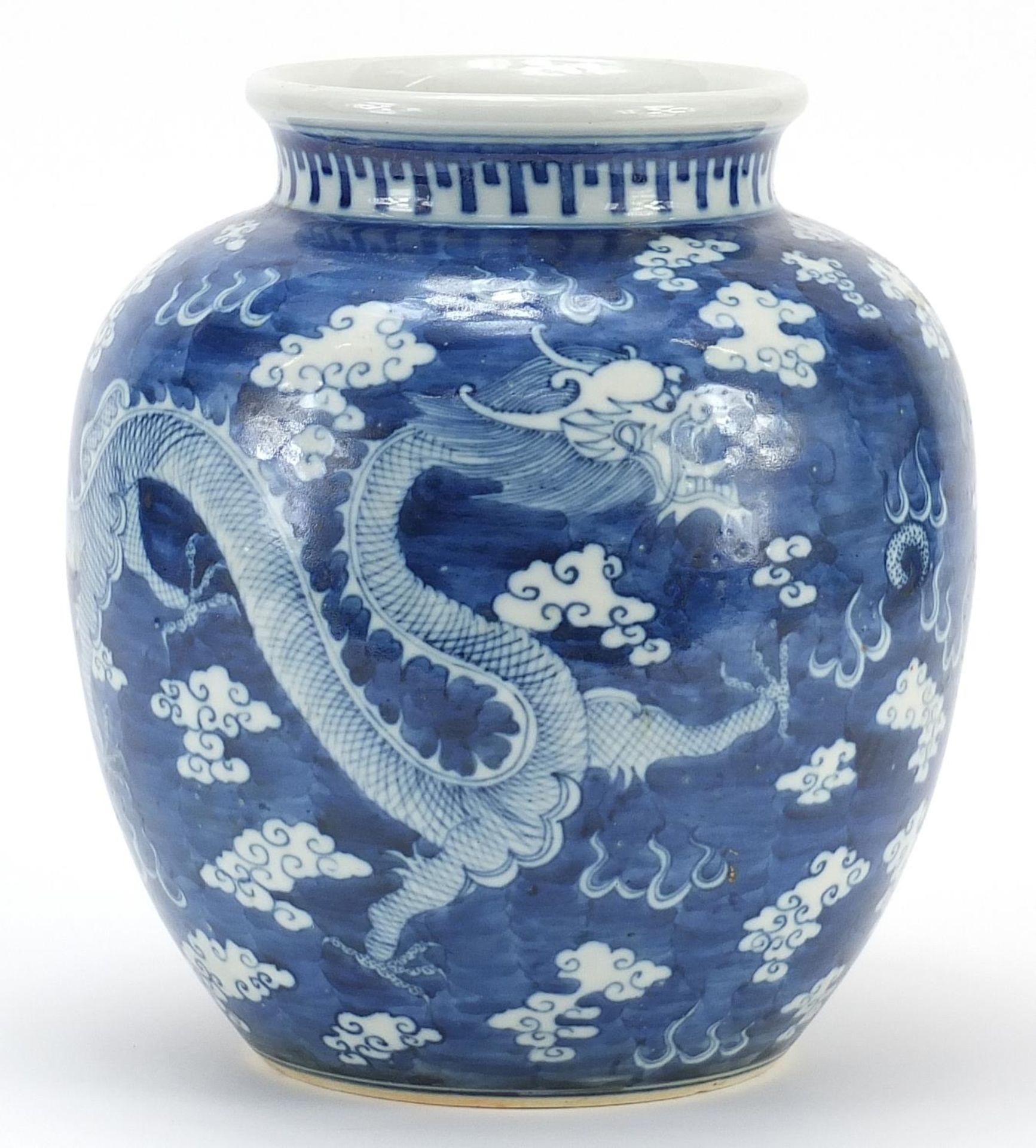 Chinese blue and white porcelain vase hand painted with dragons chasing a flaming pearl amongst