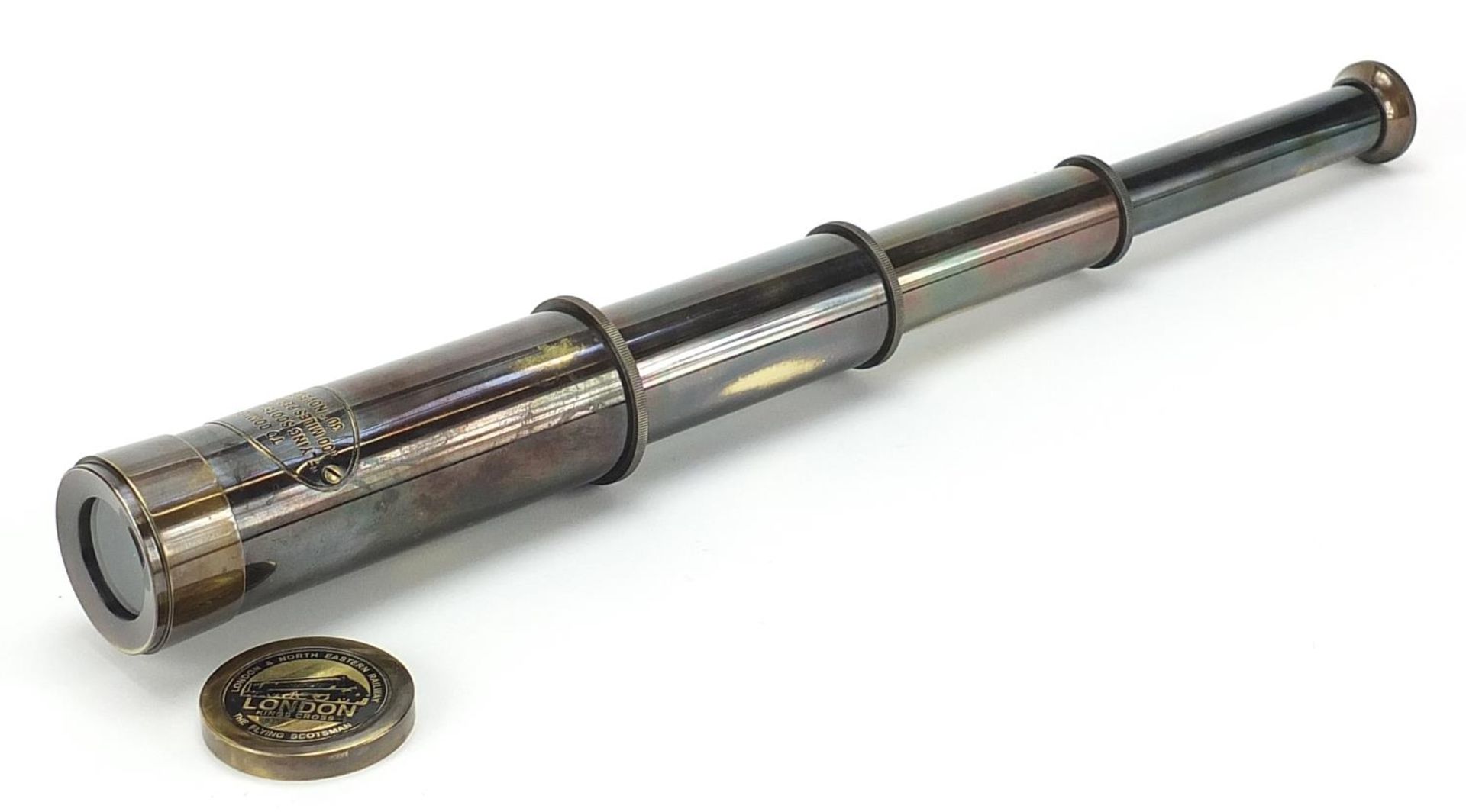 Naval interest brass three draw telescope, 14.5cm in length when closed