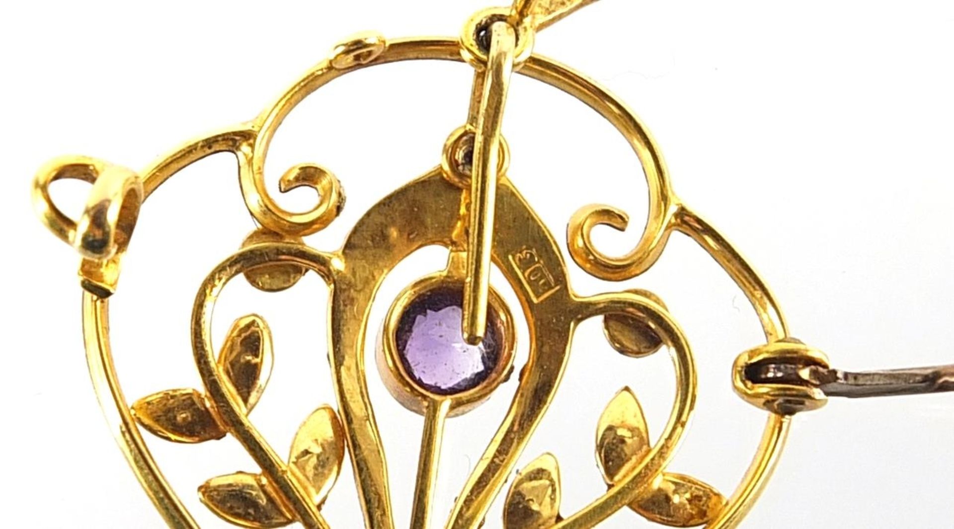 Art Nouveau 9ct gold amethyst and seed pearl pendant brooch, 4.5cm high, 3.4g - Bild 3 aus 3