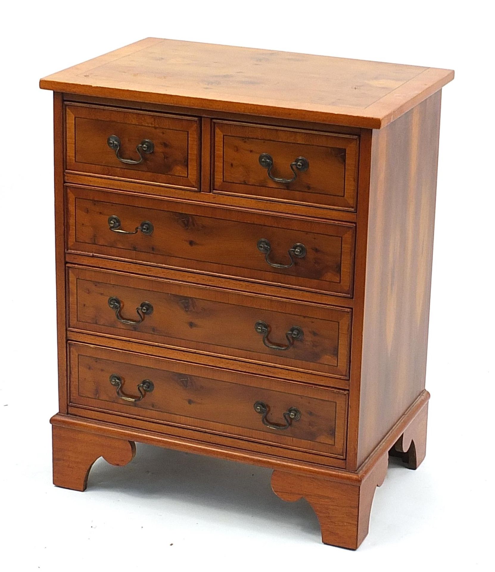 Inlaid yew five drawer chest, 76cm H x 61cm W x 42cm D