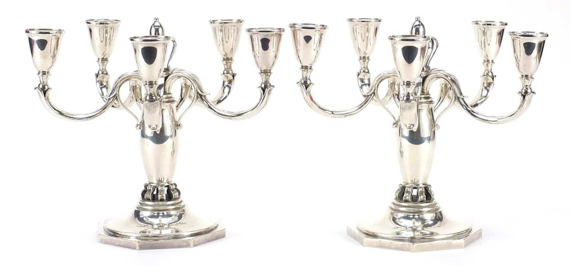 C C Hermann, pair of Danish 925S sterling silver five branch candelabras retailed by Long's - Image 2 of 5