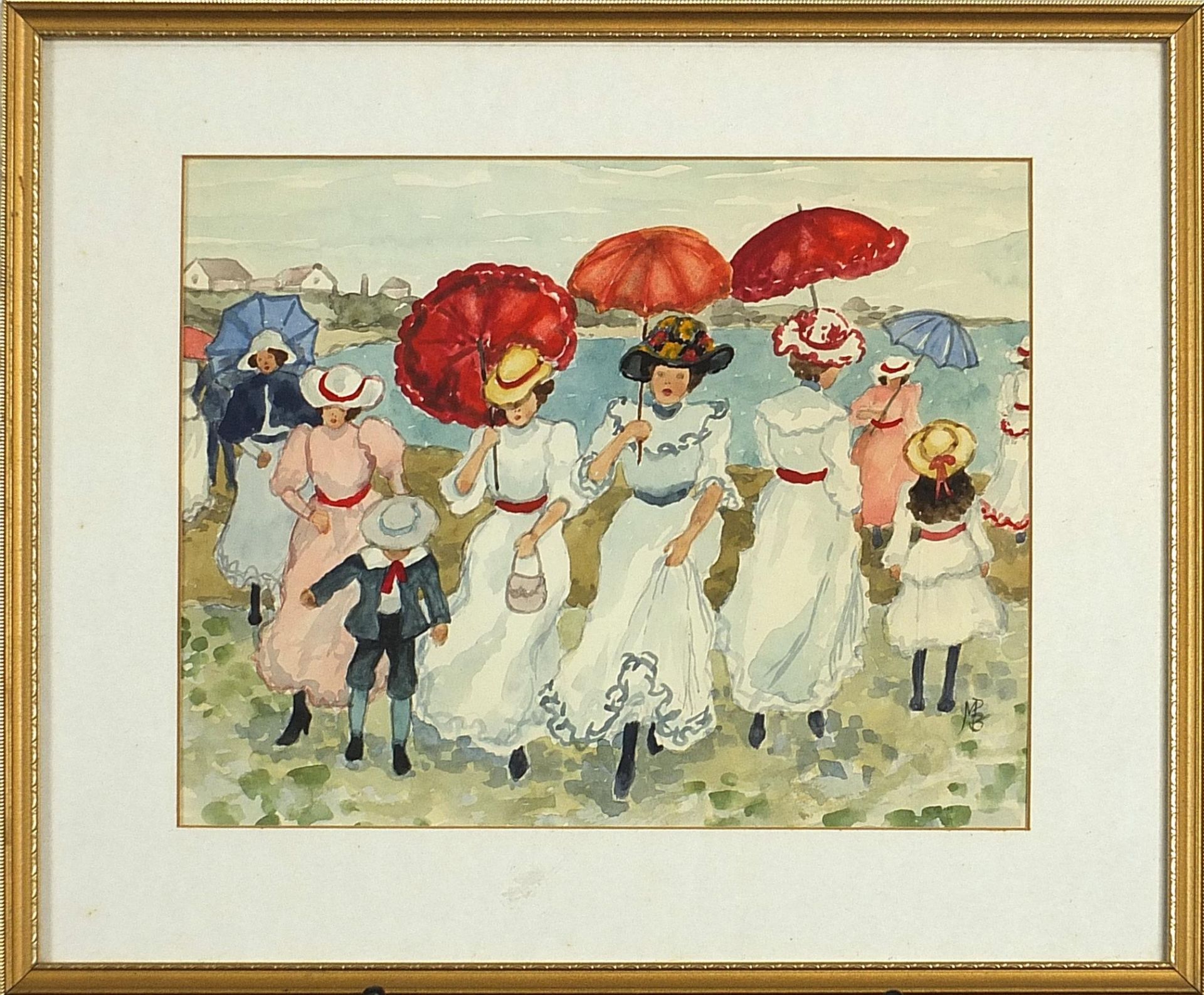 Females and children on a beach, American school watercolour on paper, mounted, framed and glazed, - Image 2 of 4