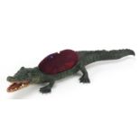 Cold painted bronze crocodile pin cushion in the style of Franz Xaver Bergmann, 21cm in length