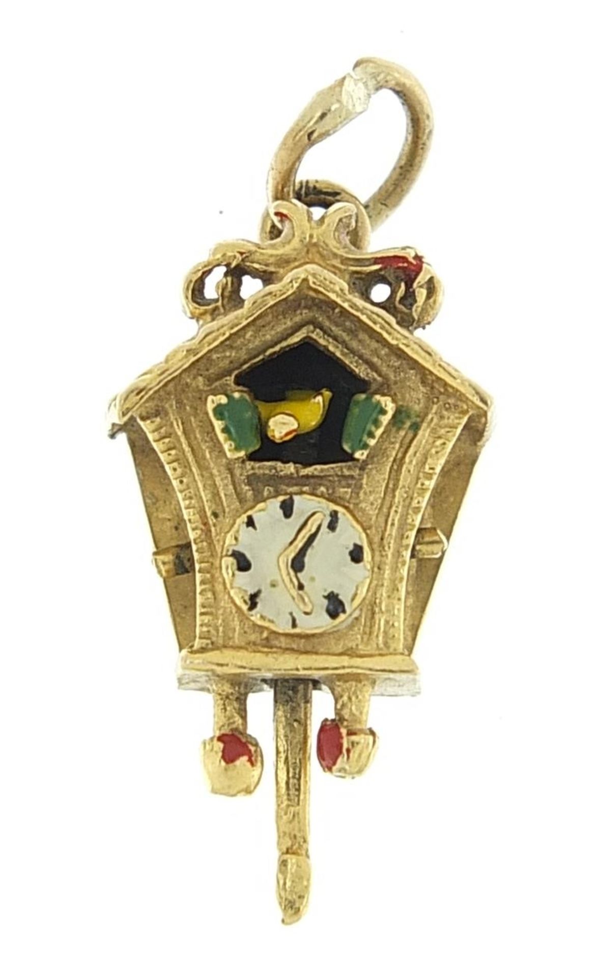 9ct gold and enamel cuckoo clock charm, 2.1cm high, 2.6g