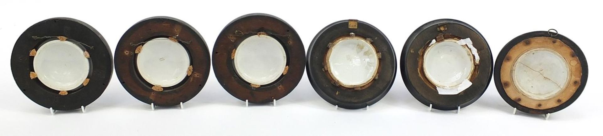 Six Victorian Staffordshire Prattware pot lids with ebonised wood frames, the largest 17cm in - Image 4 of 5
