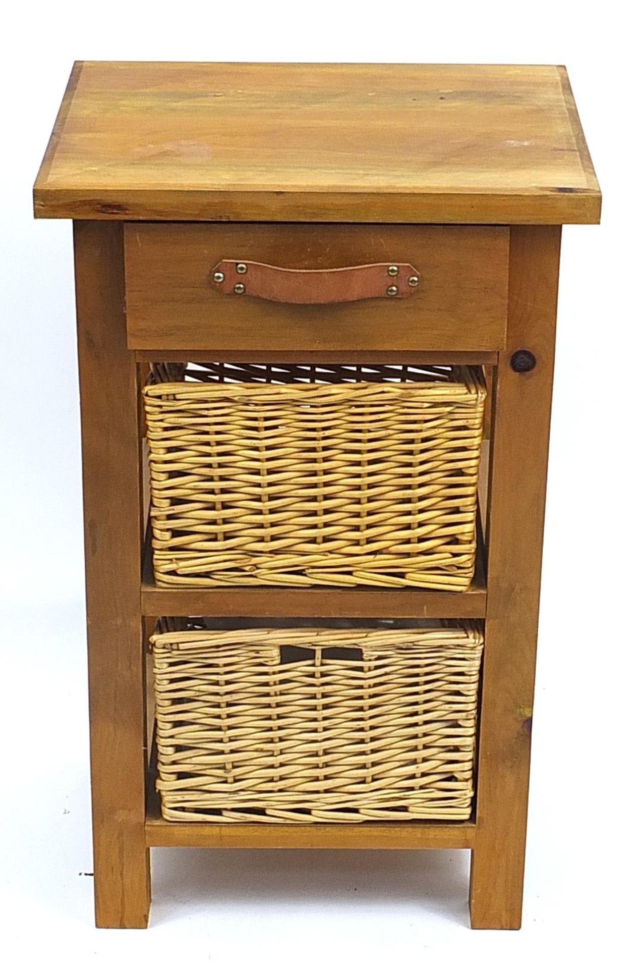 Pine side table with drawer and two wicker baskets, 80cm H x 50cm W x 40cm D - Image 2 of 3