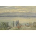 E Horton - The Juras, Lake Geneva, watercolour, inscribed verso, mounted, framed and glazed, 53cm