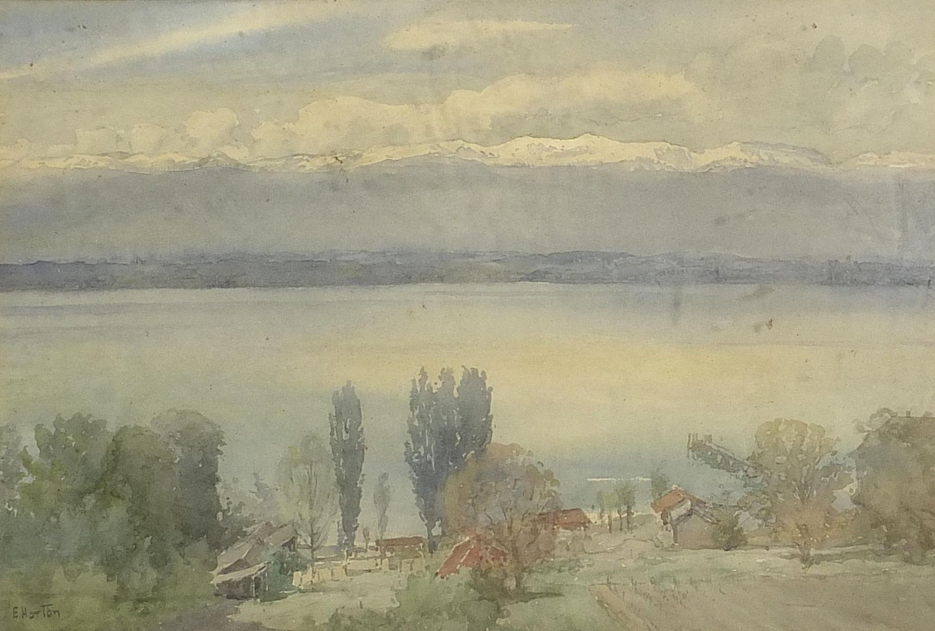 E Horton - The Juras, Lake Geneva, watercolour, inscribed verso, mounted, framed and glazed, 53cm