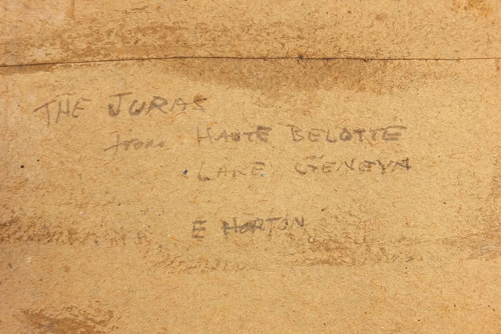 E Horton - The Juras, Lake Geneva, watercolour, inscribed verso, mounted, framed and glazed, 53cm - Image 6 of 6