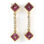 Pair of 14k clear and pink and clear stone drop earrings, 2.7cm high, 3.4g