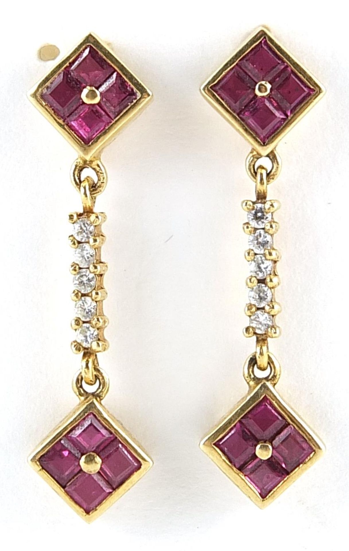 Pair of 14k clear and pink and clear stone drop earrings, 2.7cm high, 3.4g