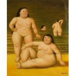 After Fernando Botero - Nude females on a beach, oil on canvas, unframed, 61cm x 50cm