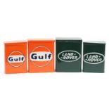Four motoring interest modern enamelled tins comprising Land Rover and Gulf, 29.5cm and 28cm high