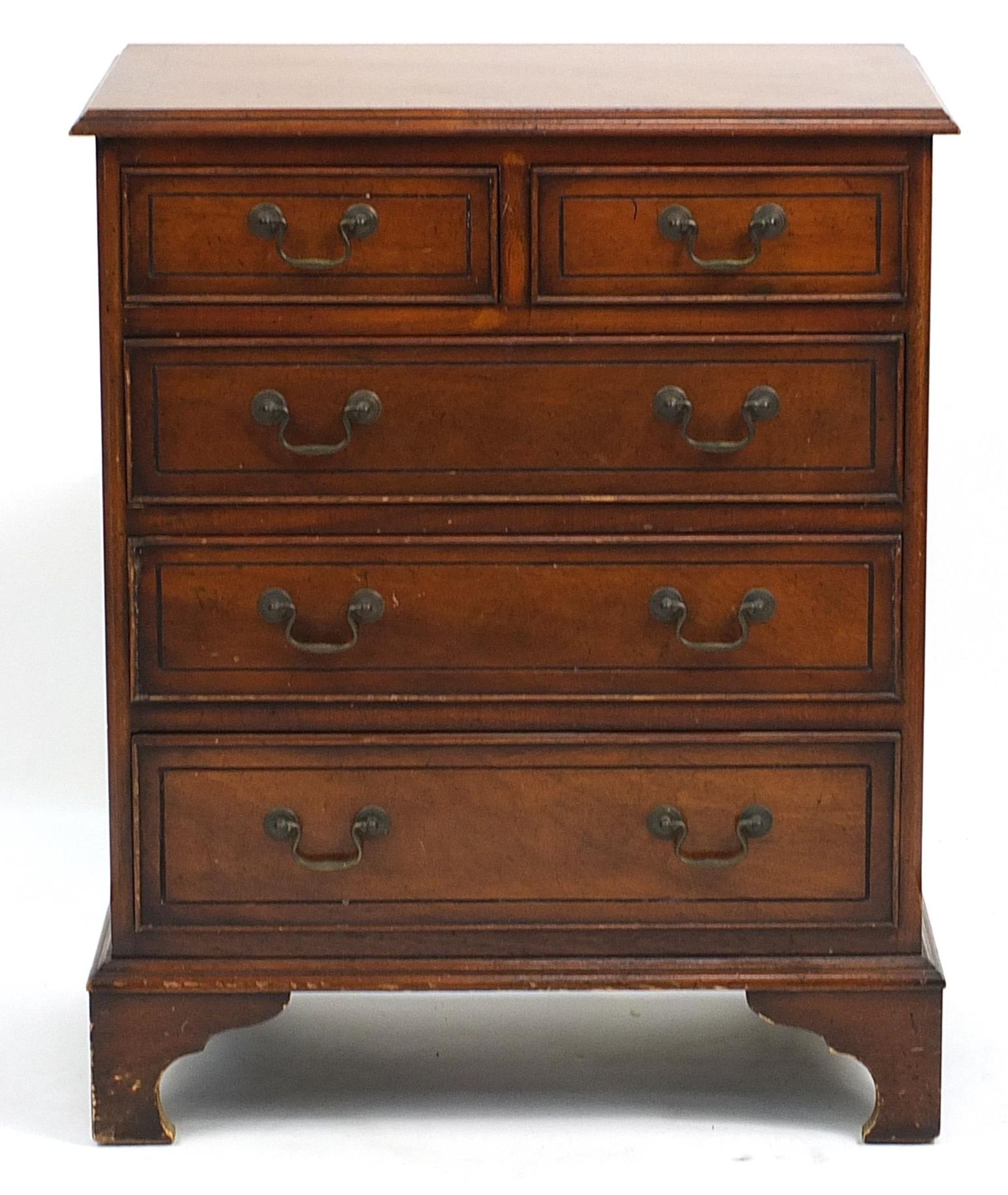 Cross banded walnut five drawer chest with bracket feet, 77cm H x 63cm W x 38cm D - Image 2 of 3