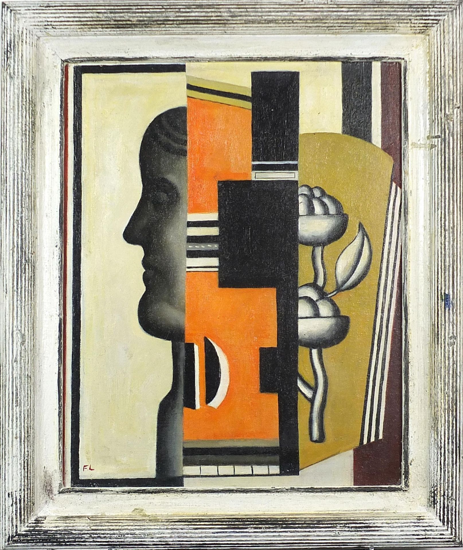 Manner of Fernand Leger - Surreal composition with figure and flowers, French school oil on board, - Image 2 of 4
