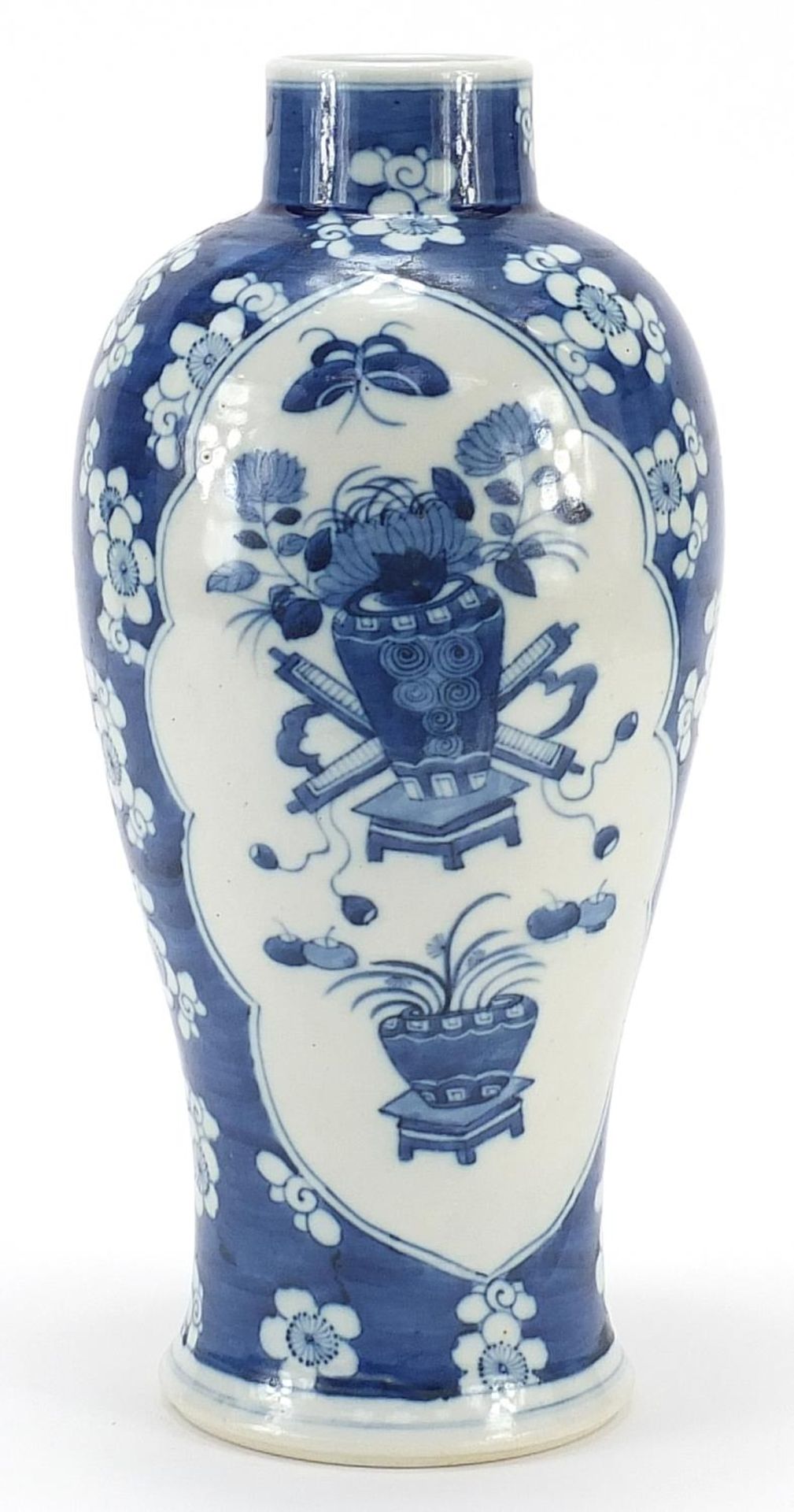 Large Chinese blue and white porcelain baluster vase hand painted with flowers onto a prunus ground, - Image 2 of 3