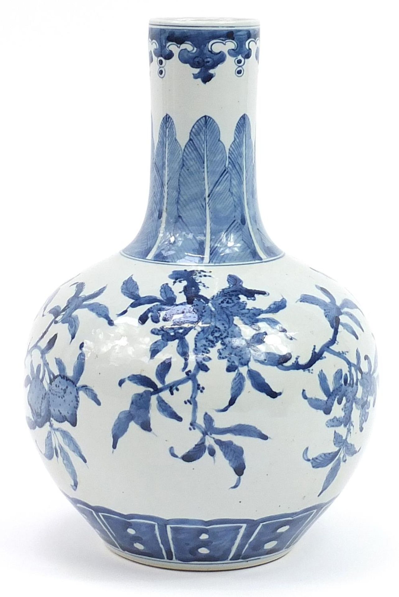 Large Chinese blue and white porcelain vase hand painted with fruit, six figure character marks to