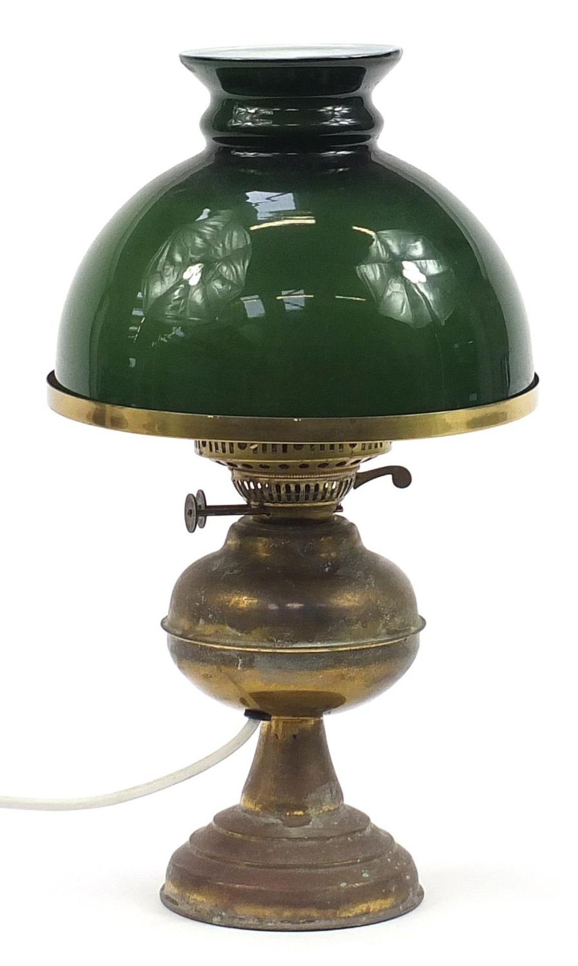 Victorian brass oil lamp with green glass shade converted to electric, 45cm high - Image 2 of 4