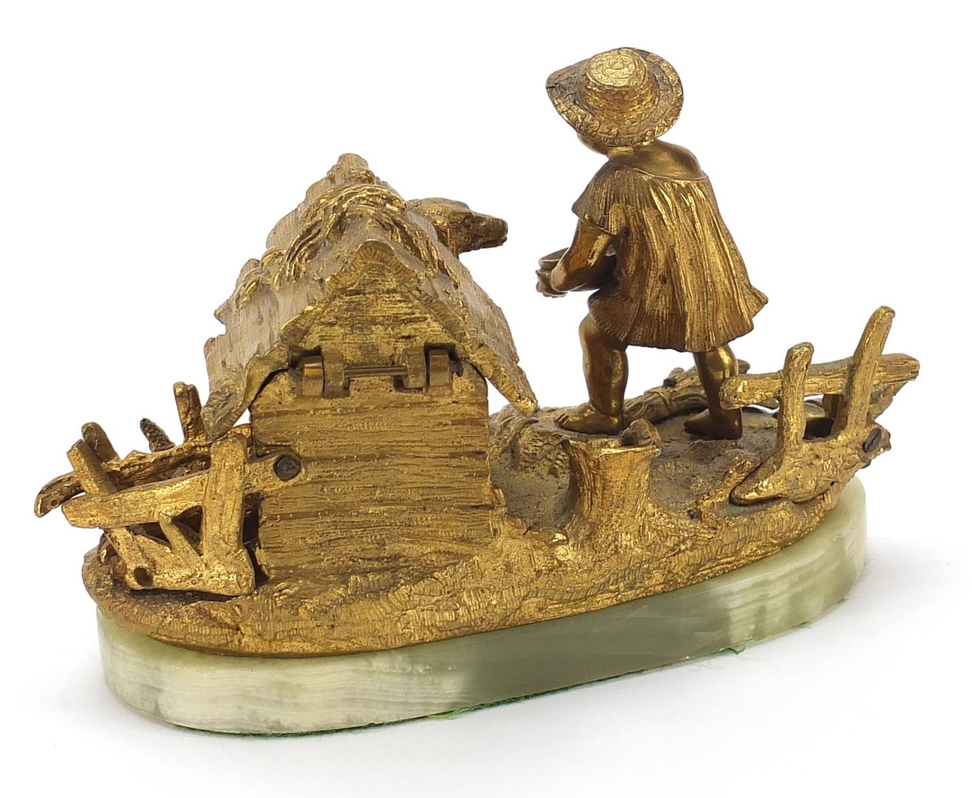 19th century gilt bronze inkwell in the form of a female feeding a dog in a kennel with hinged roof, - Image 3 of 4