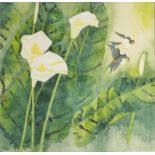 Birds of Paradise amongst flowers, Chinese watercolour with character marks and red seal mark,
