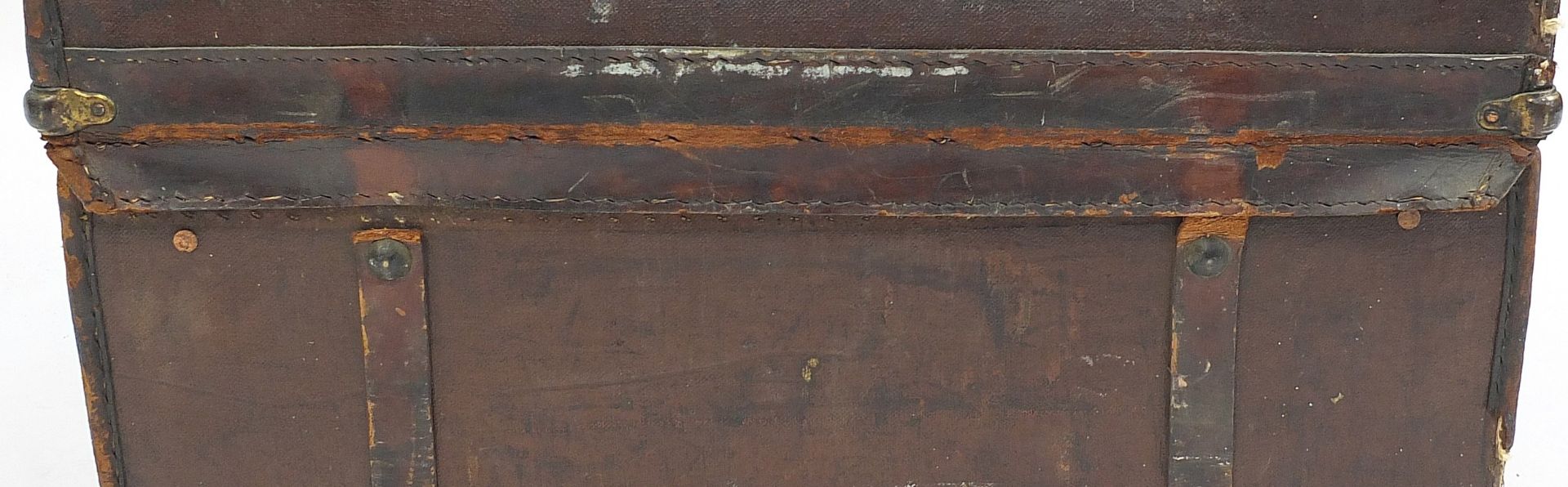 Drew & Sons, vintage brown leather trunk with remnants of shipping labels and initials A.C.W, 34.5c - Image 6 of 7
