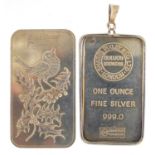 Two silver one ounce ingots, one with pendant mount, the largest 6cm high, total 64.8g