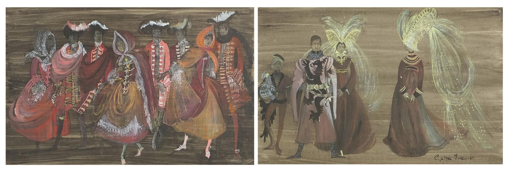 Cynthia Jaigey? - Figures in costume, pair of mixed medias, mounted, framed and glazed, each 54cm