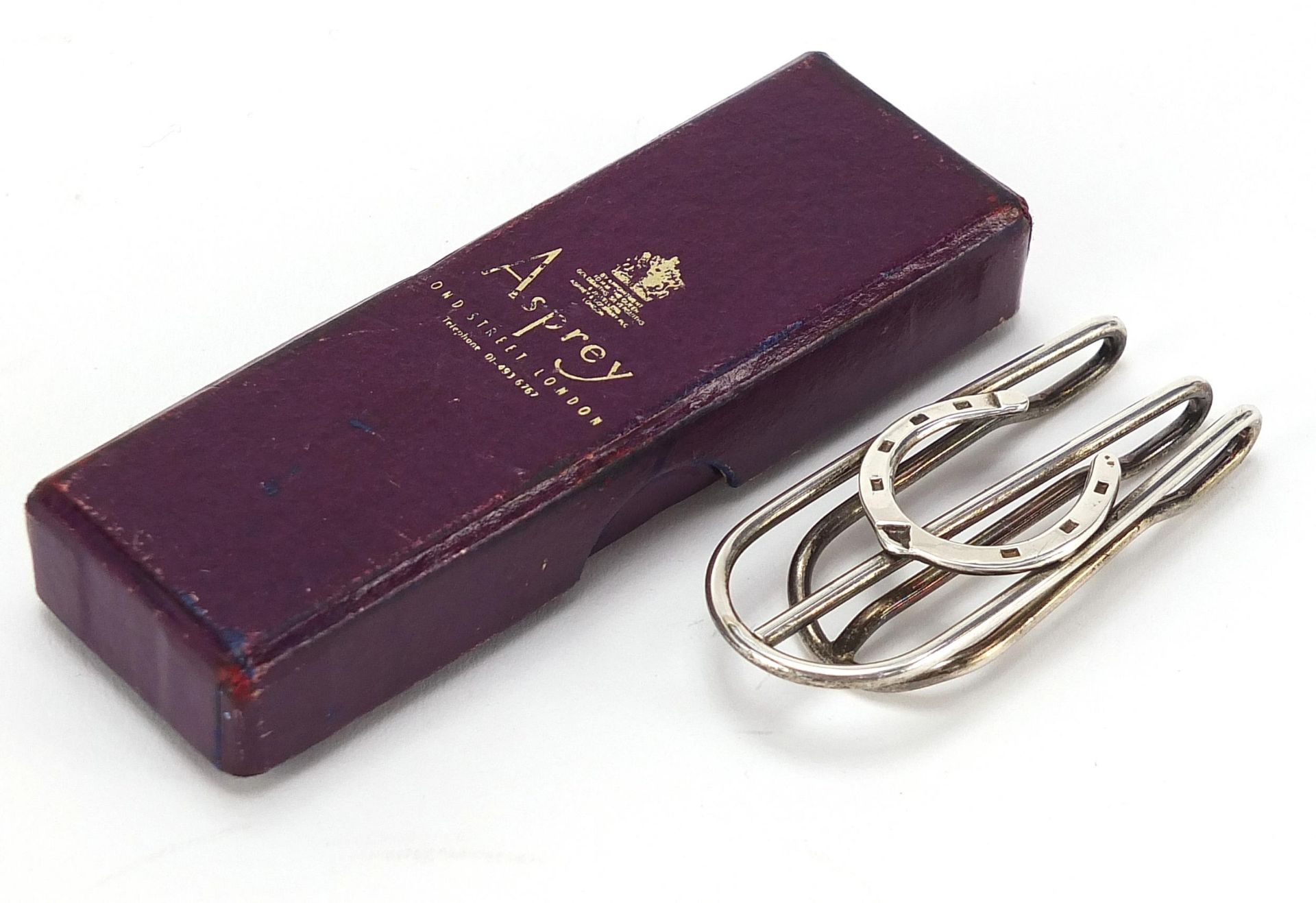 S J Rose & Son, silver horseshoe money clip housed in an Asprey box, 6cm in length, 16.4g