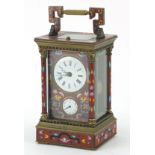 Champleve enamel brass repeating carriage clock with subsidiary dial, 16.5cm high