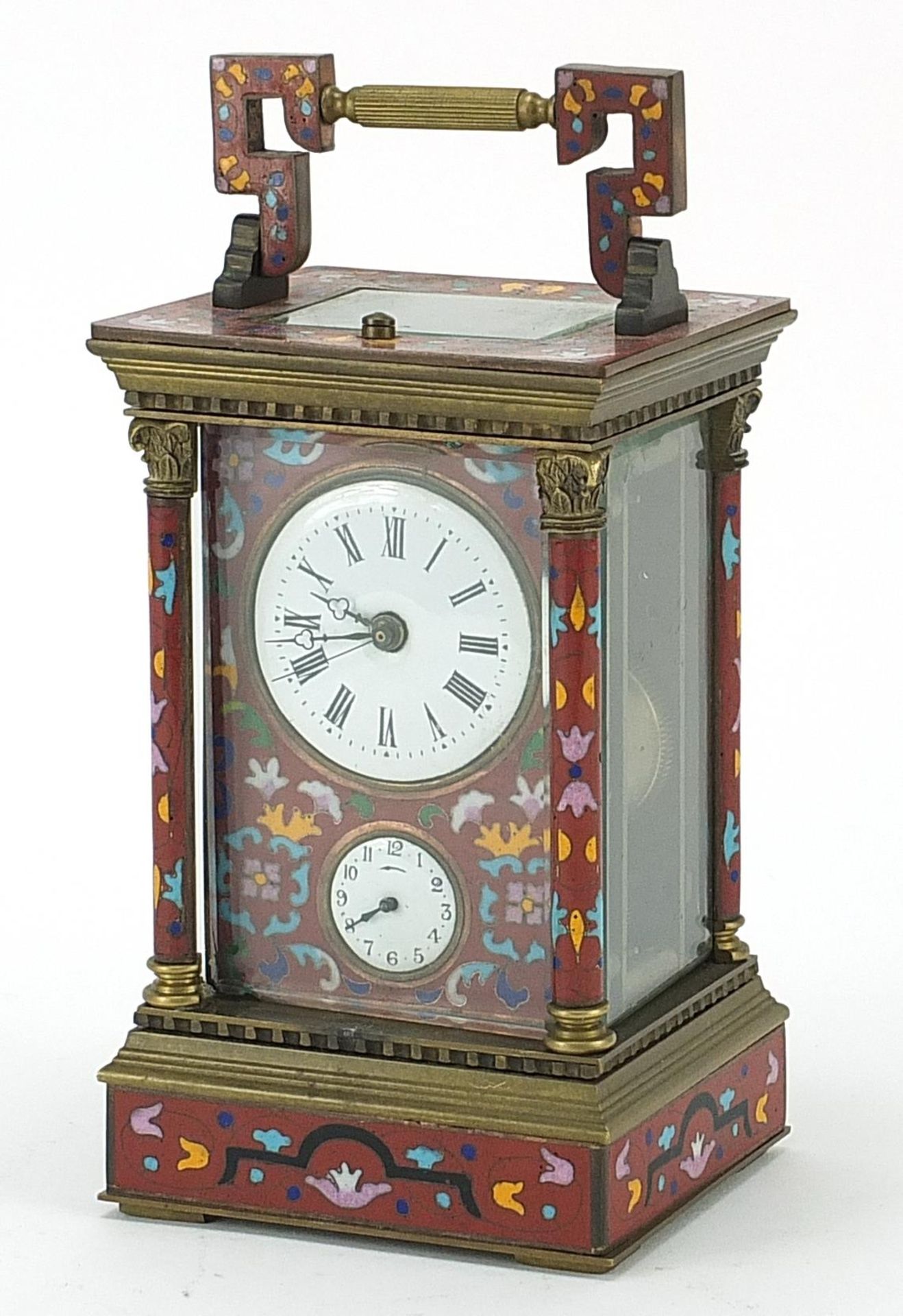 Champleve enamel brass repeating carriage clock with subsidiary dial, 16.5cm high