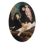 Narduffi - Two girls with baby and dog, signed oval oil on card, mounted, framed and glazed, 66cm