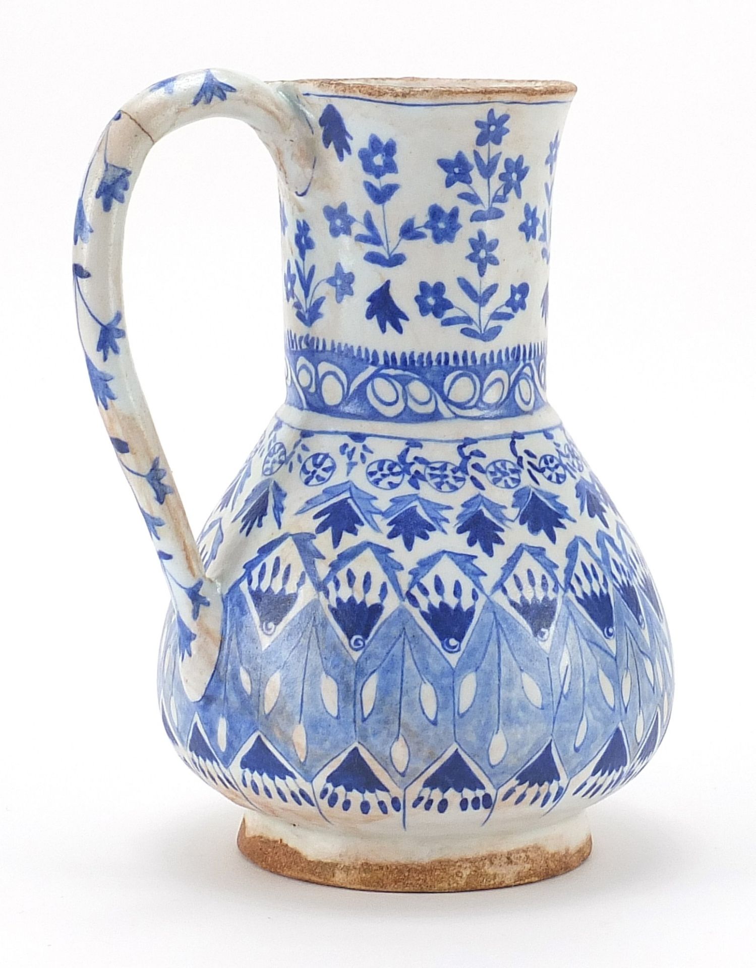 Turkish Kutahya pottery water jug hand painted with flowers, 23cm high - Image 2 of 3