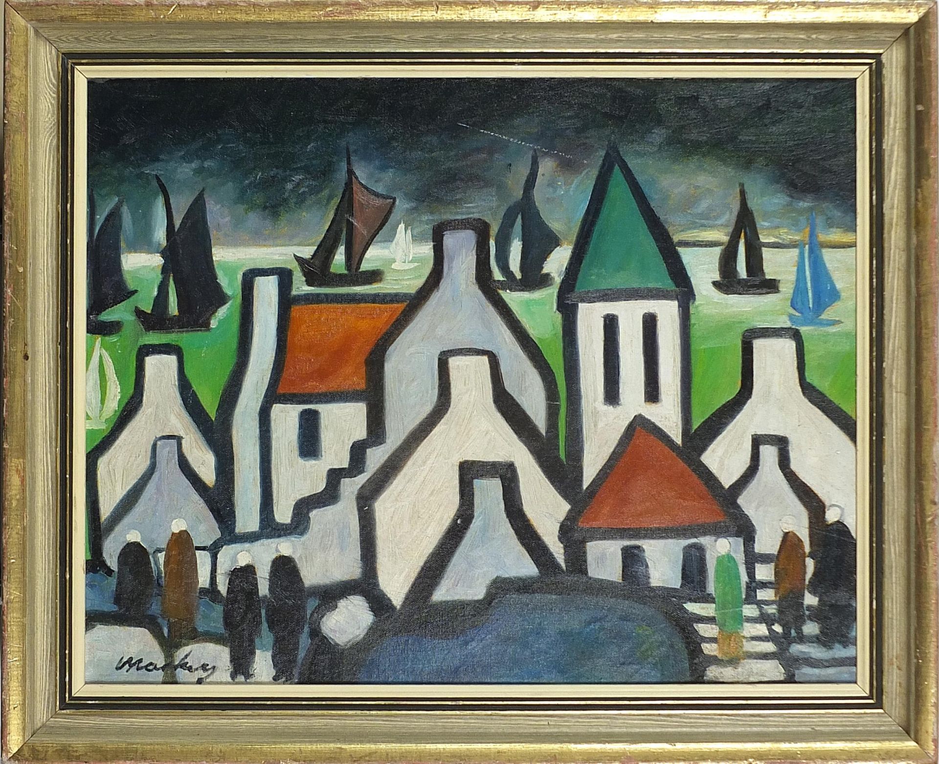 Manner of Markey Robinson - Cottages before water and boats, Irish school oil on board, mounted - Image 2 of 4