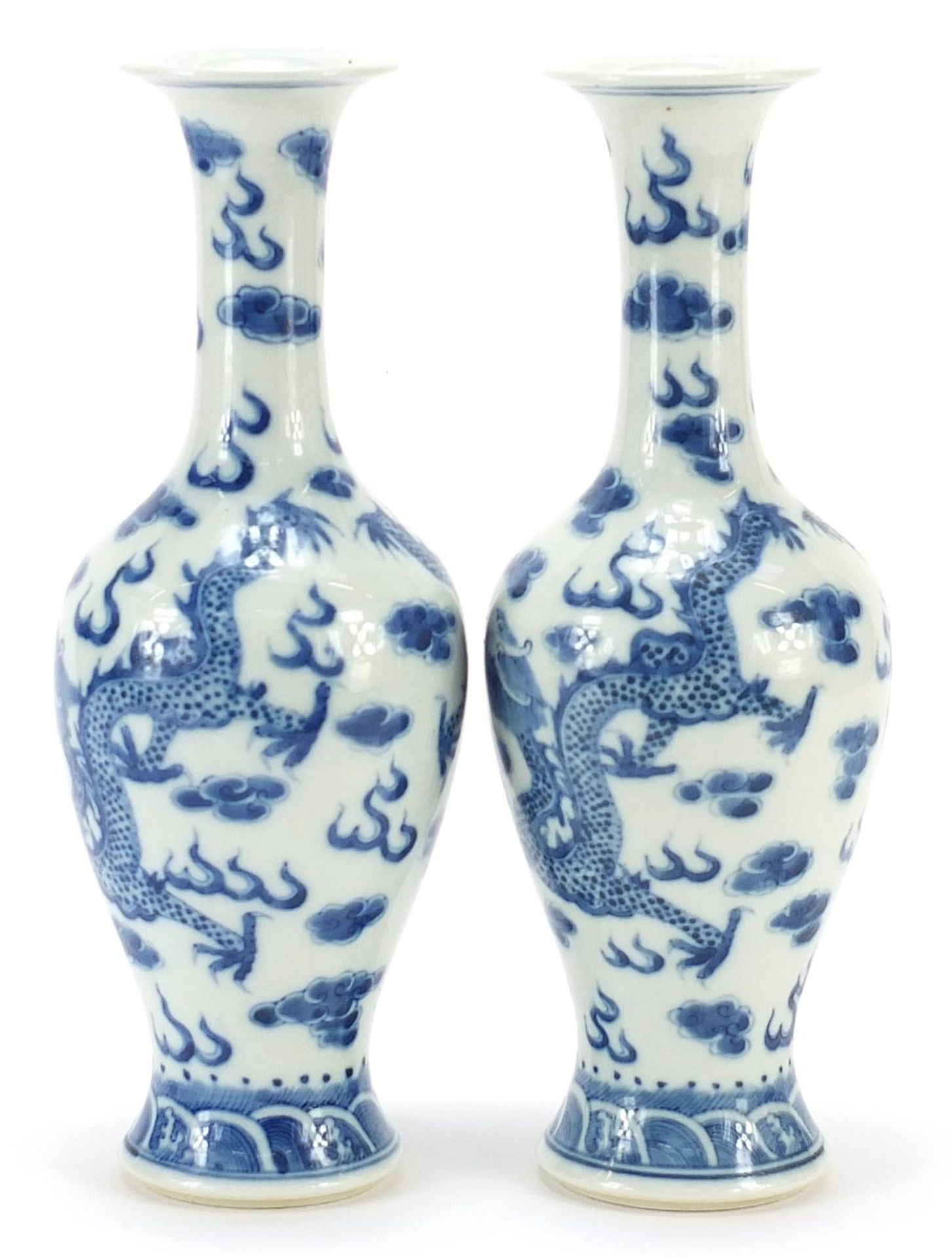 Pair of Chinese blue and white porcelain vases hand painted with dragons amongst clouds, four figure - Image 2 of 4