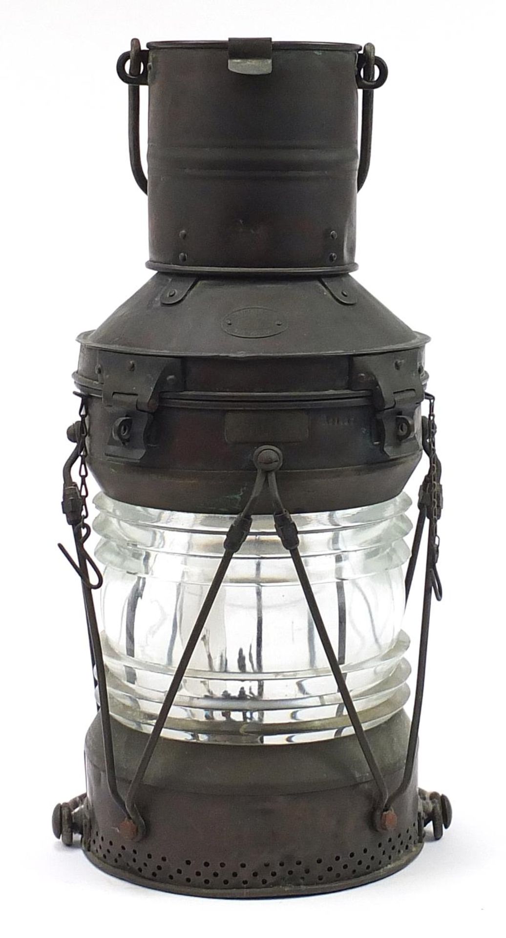 F J Griffiths & Sons copper and glass ship's lantern, impressed R21487, 59cm high