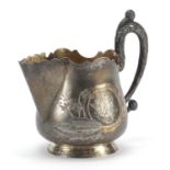 Russian silver jug engraved with flowers, impressed marks to the base, 10cm high, 101.0g