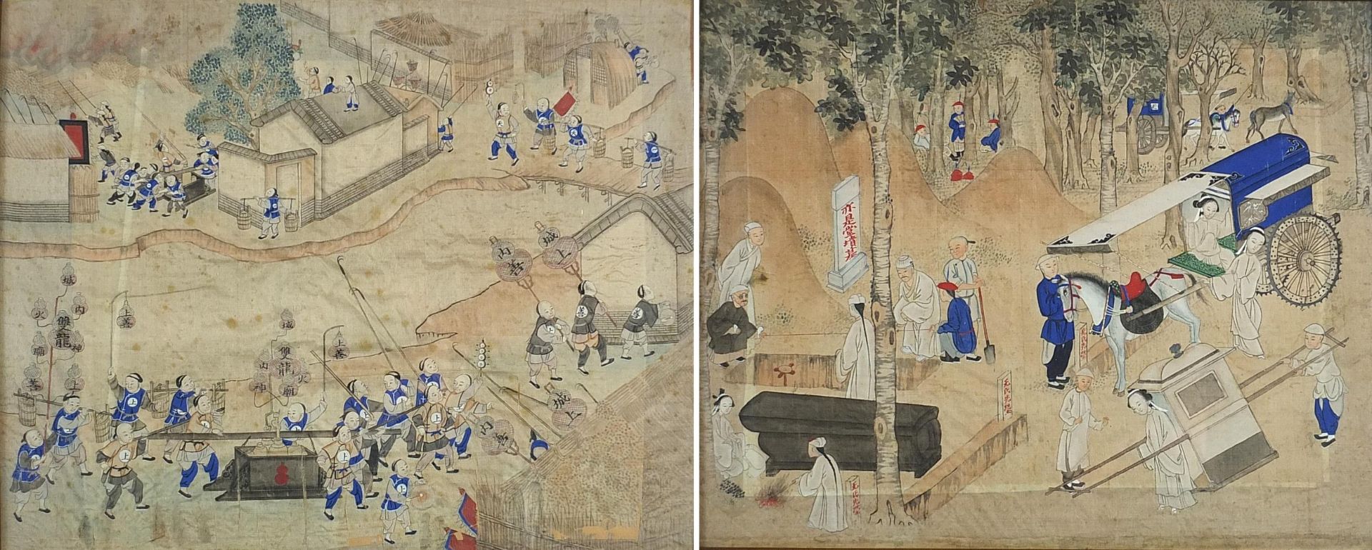 Chinese New Year procession and horse and cart, pair of Chinese watercolours on silks, framed and