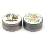 Two circular silver and enamel trinket boxes, K D maker's mark London 1977, 3.3cm in diameter, 44.4g