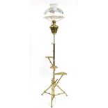 Victorian aesthetic brass adjustable floor standing oil lamp with hand painted glass shade, 190cm