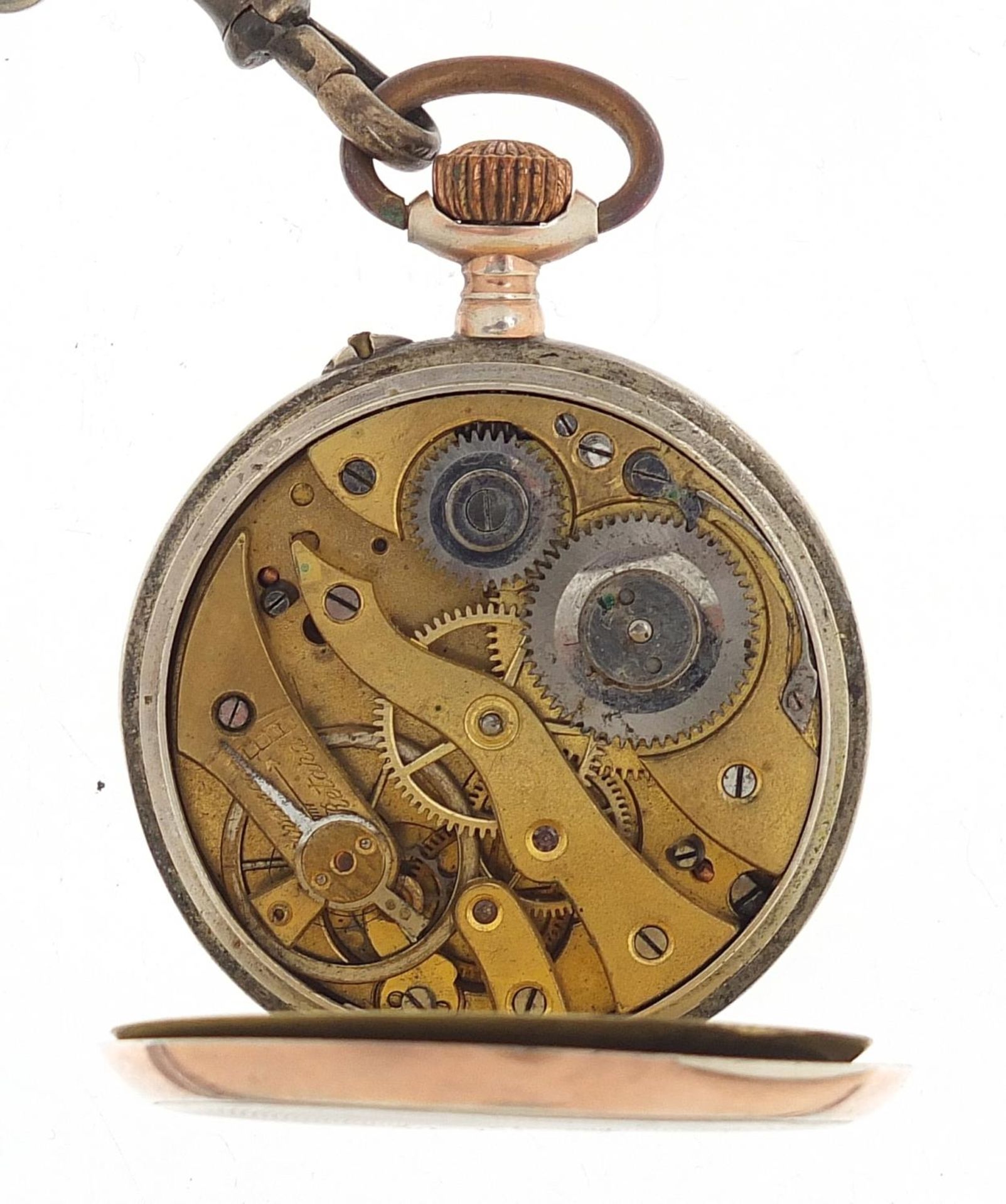Silver open face pocket watch with subsidiary dial on graduated silver coloured metal watch chain, - Image 4 of 6