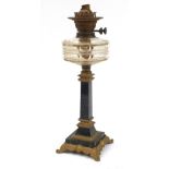 Victorian ornate brass and marble oil lamp base with glass reservoir, 48cm high