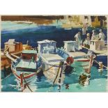 Vaughan Gwillim Bevan - Fishing boats, Greece, watercolour, Penns Fine Art Gallery label verso,