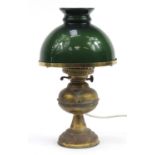 Victorian brass oil lamp with green glass shade converted to electric, 45cm high