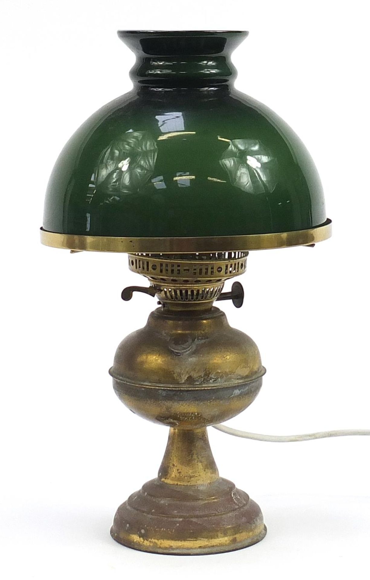 Victorian brass oil lamp with green glass shade converted to electric, 45cm high