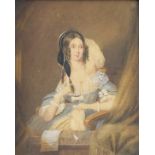 Portrait of a seated female wearing a dress, 19th century watercolour on card, framed and glazed,